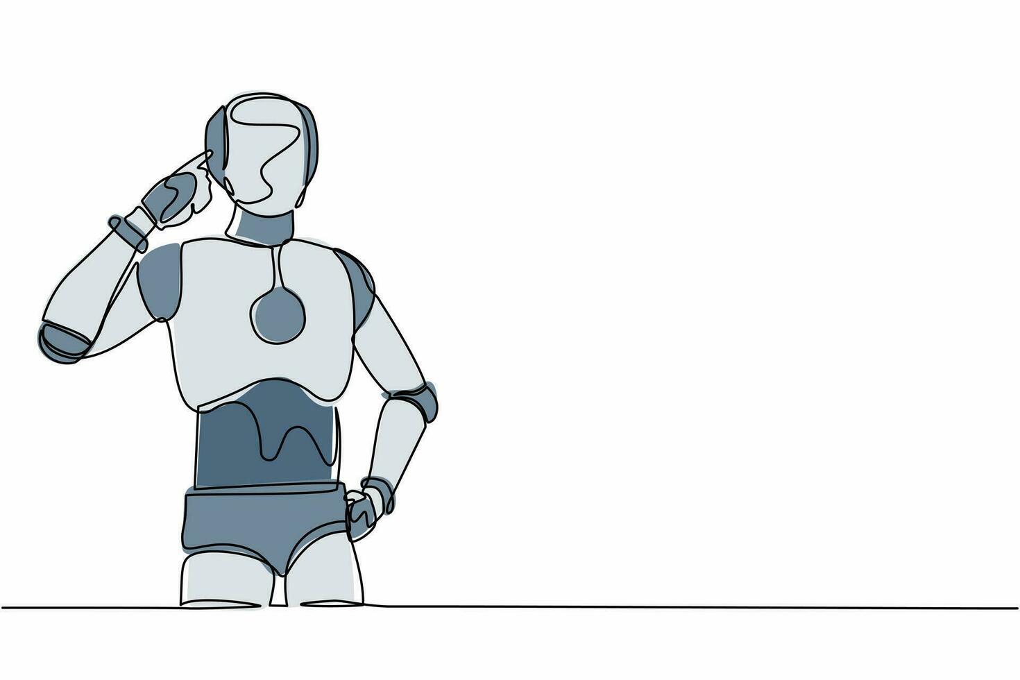 single een lijn tekening robot staand met richten zijn hoofd, denken iets. gevoel optimistisch, visionair. toekomst technologie ontwikkeling. doorlopend lijn trek ontwerp grafisch vector illustratie