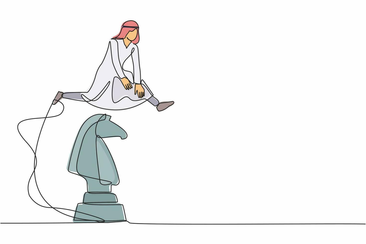 single doorlopend lijn tekening Arabisch zakenman jumping over- groot schaak ridder. strategisch intelligentie- in bedrijf beweging. tactiek strategie denken. een lijn trek grafisch ontwerp vector illustratie