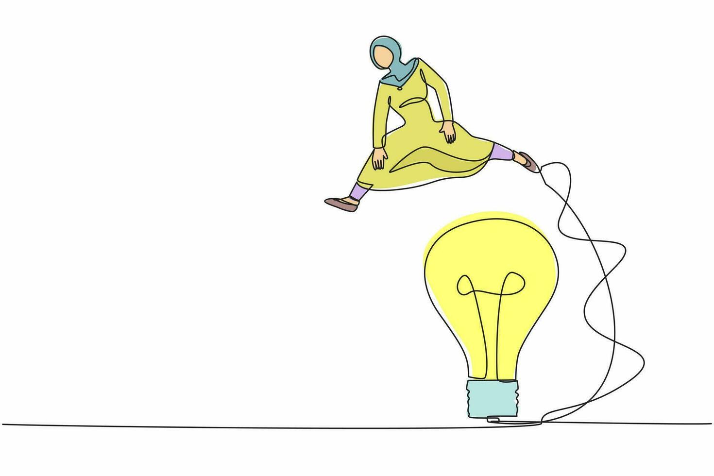 single doorlopend lijn tekening Arabisch zakenvrouw jumping over- groot licht lamp. innovatie transformatie technologie. improvisatie bedrijf idee. een lijn trek grafisch ontwerp vector illustratie