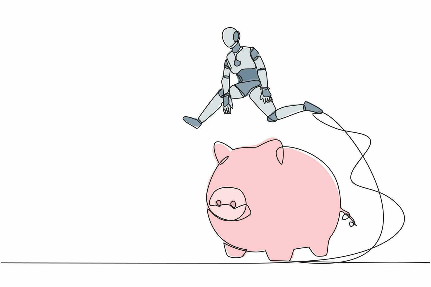 doorlopend een lijn tekening robot jumping over- varkentje bank. veiligheid van geld opslag, besparing voor investering. humanoid robot cybernetisch organisme. single lijn trek ontwerp vector grafisch illustratie