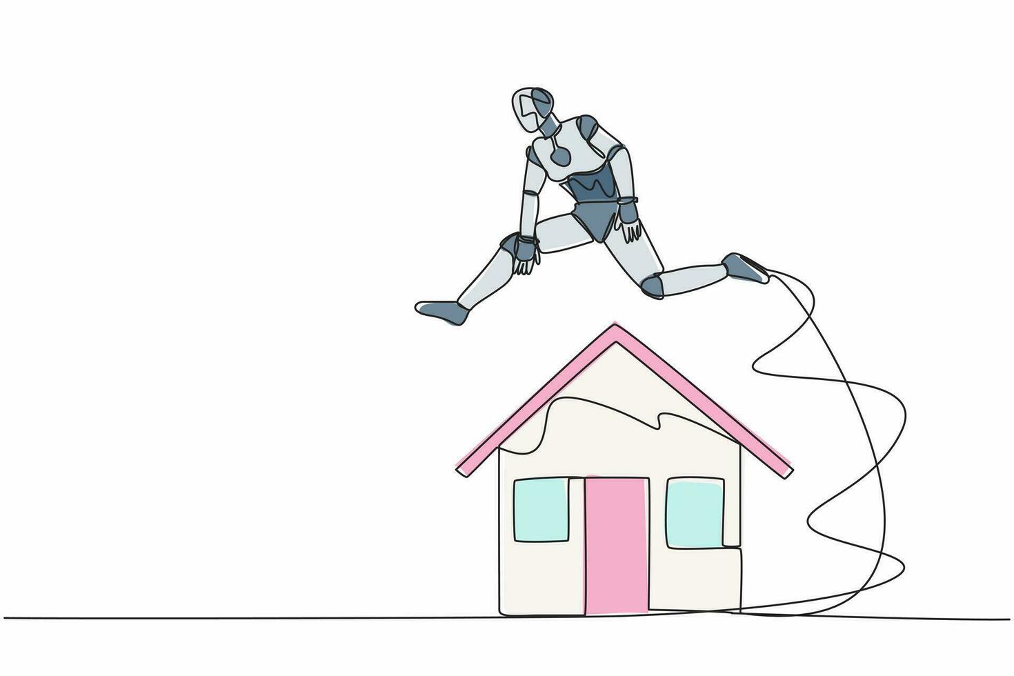 single een lijn tekening robot jumping over- huis. behuizing lening echt landgoed investering. toekomst technologie ontwikkeling. kunstmatig intelligentie. doorlopend lijn trek ontwerp grafisch vector illustratie