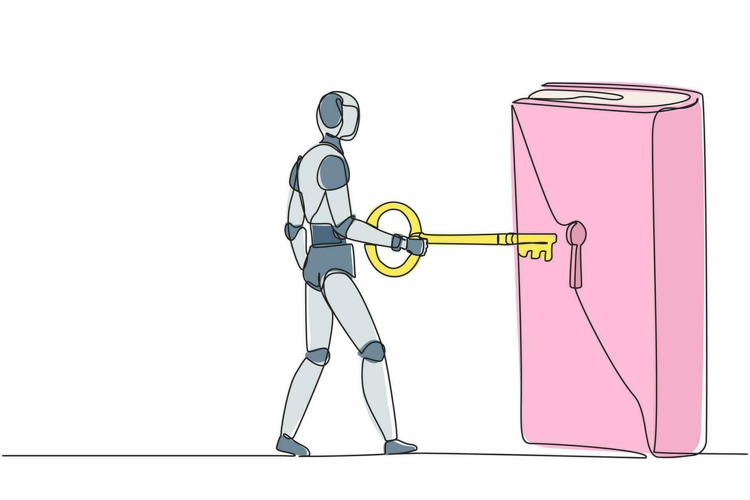 single een lijn tekening robot zetten groot sleutel in boek. ontgrendelen leerboek, kennis. bibliotheek. sleutel naar nieuw informatie. toekomst technologie ontwikkeling. doorlopend lijn ontwerp grafisch vector illustratie