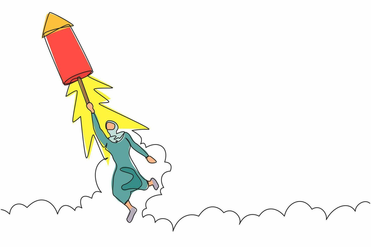 single doorlopend lijn tekening Arabisch zakenvrouw vlieg Aan vuurwerk raket en op zoek bedrijf mogelijkheden. gemotiveerd kantoor arbeider bereiden voor project launch. een lijn ontwerp vector illustratie