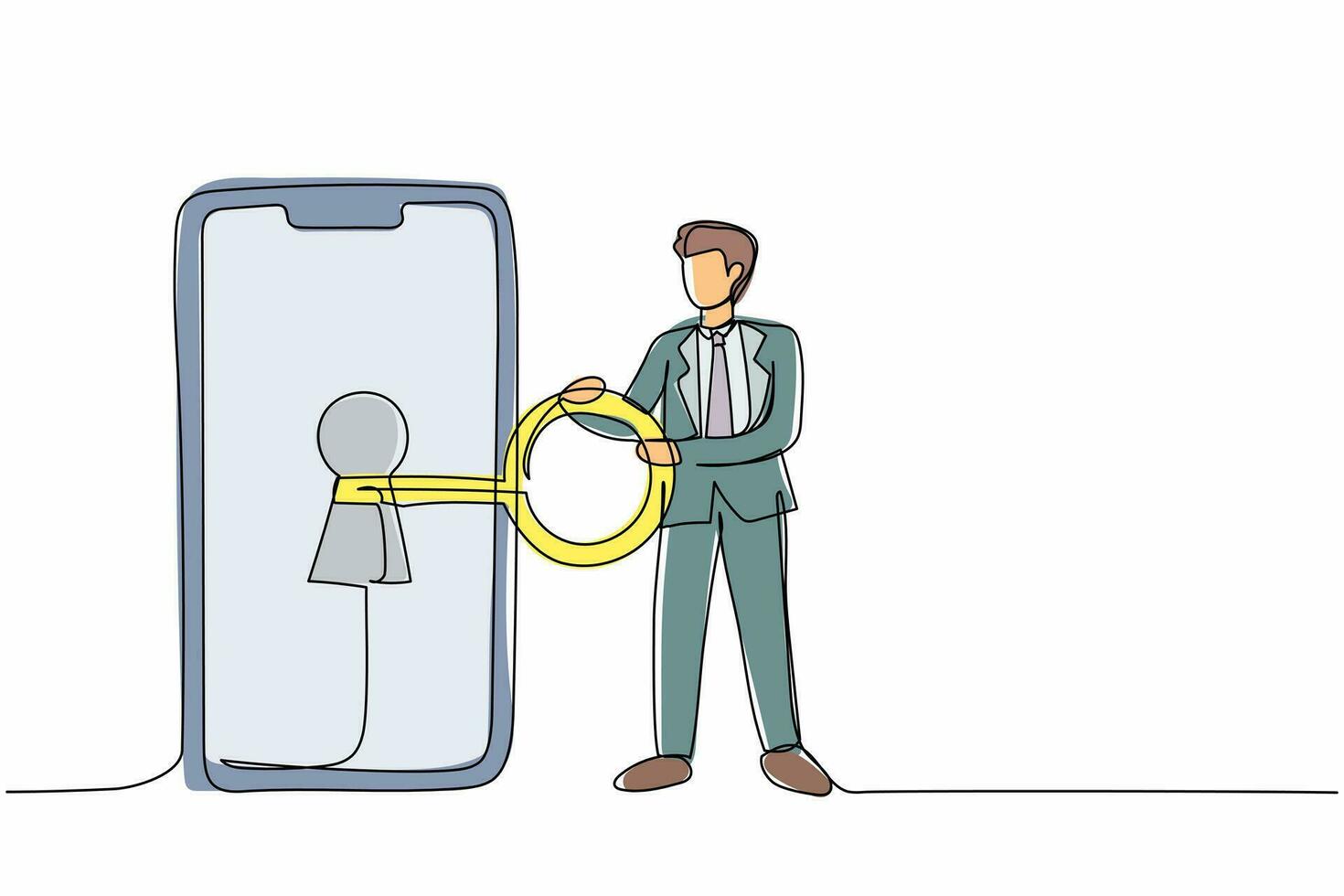 single een lijn tekening zakenman zetten groot sleutel in smartphone. gegevens privacy voor beschermen internet gebruiker. wachtwoord en Log in apparaat veiligheid systeem. doorlopend lijn trek ontwerp vector illustratie