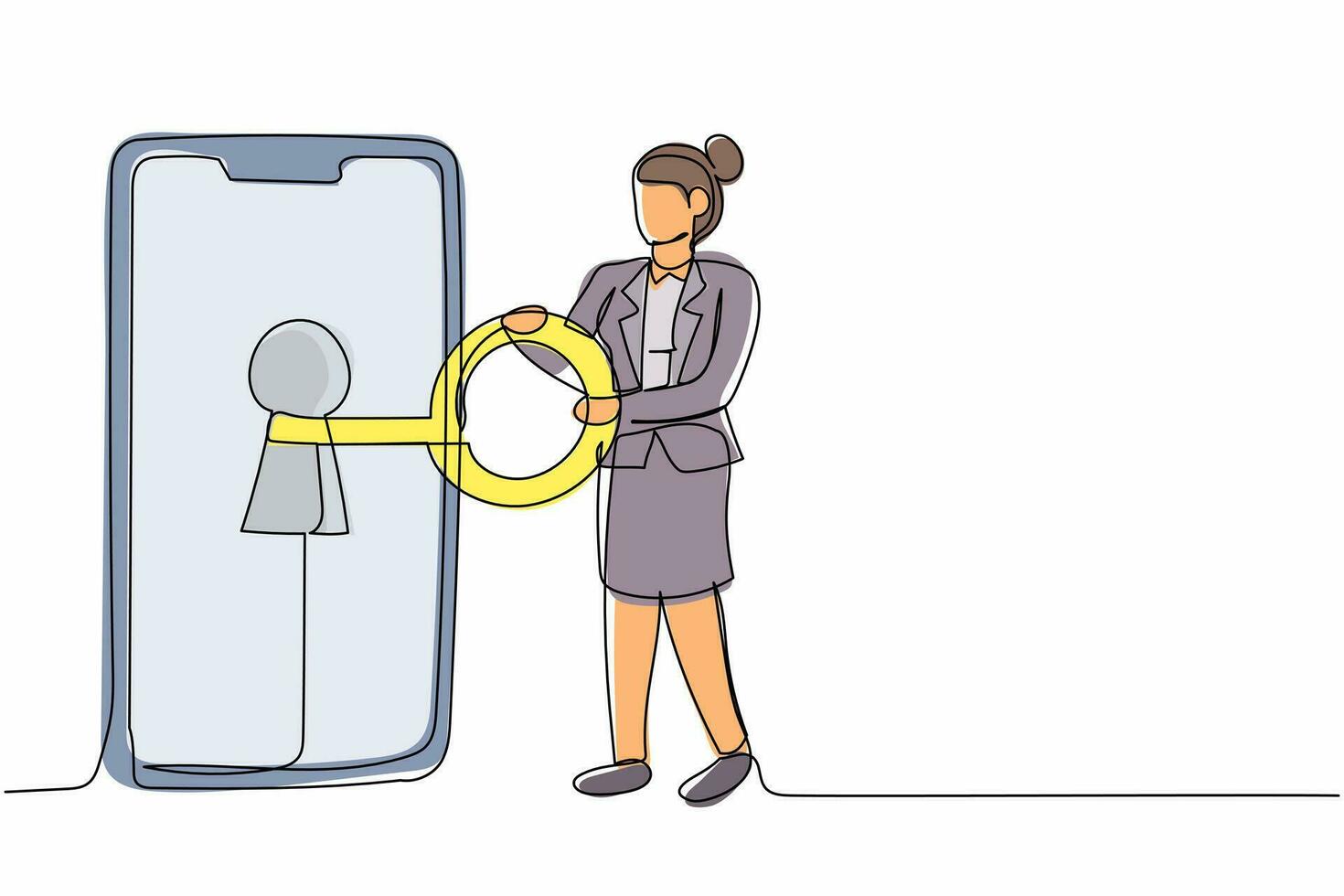 single een lijn tekening zakenvrouw zetten sleutel in smartphone. ontgrendelen scherm bewaker. gegevens privacy voor beschermen internet gebruiker. wachtwoord apparaat veiligheid systeem. doorlopend lijn ontwerp vector illustratie