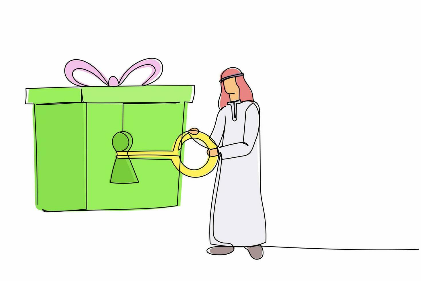 doorlopend een lijn tekening Arabisch zakenman zetten sleutel in geschenk doos met lintje. ontgrendelen geschenk voor geslaagd bedrijf prestatie. viering concept. single lijn trek ontwerp vector illustratie