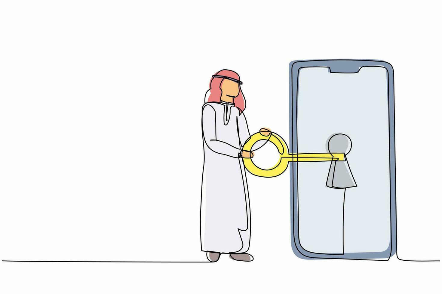 single een lijn tekening Arabisch zakenman zetten groot sleutel in smartphone. gegevens privacy voor beschermen gebruiker van hacker. wachtwoord veiligheid systeem. doorlopend lijn trek ontwerp grafisch vector illustratie