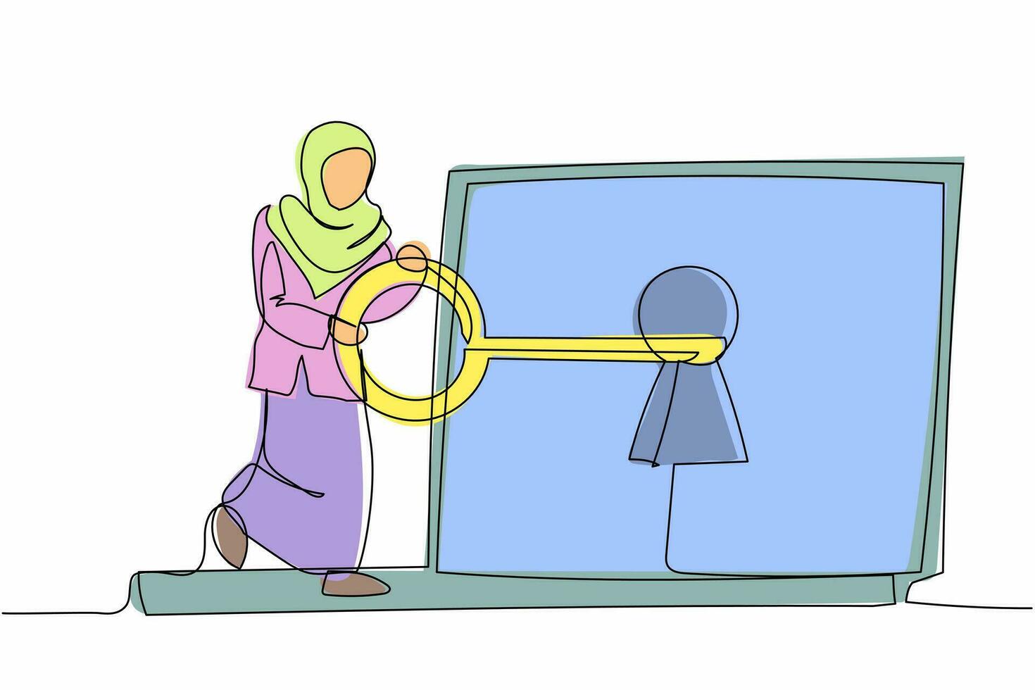 doorlopend een lijn tekening Arabisch zakenvrouw zetten sleutel in laptop computer. internet veiligheid van hacker. toegang naar versleuteld gegevens bescherming informatie. single lijn trek ontwerp vector illustratie