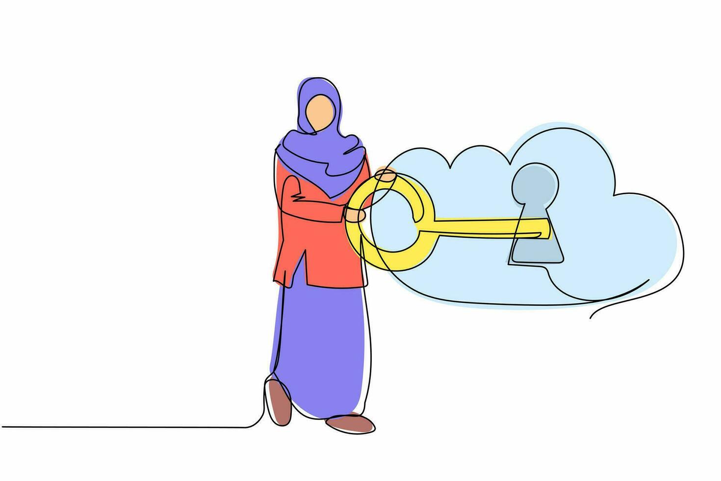 single een lijn tekening Arabisch zakenvrouw zetten sleutel in wolk. internet opslagruimte systeem. digitaal wolk technologie. wachtwoord slot veiligheid authenticatie. doorlopend lijn trek ontwerp vector illustratie