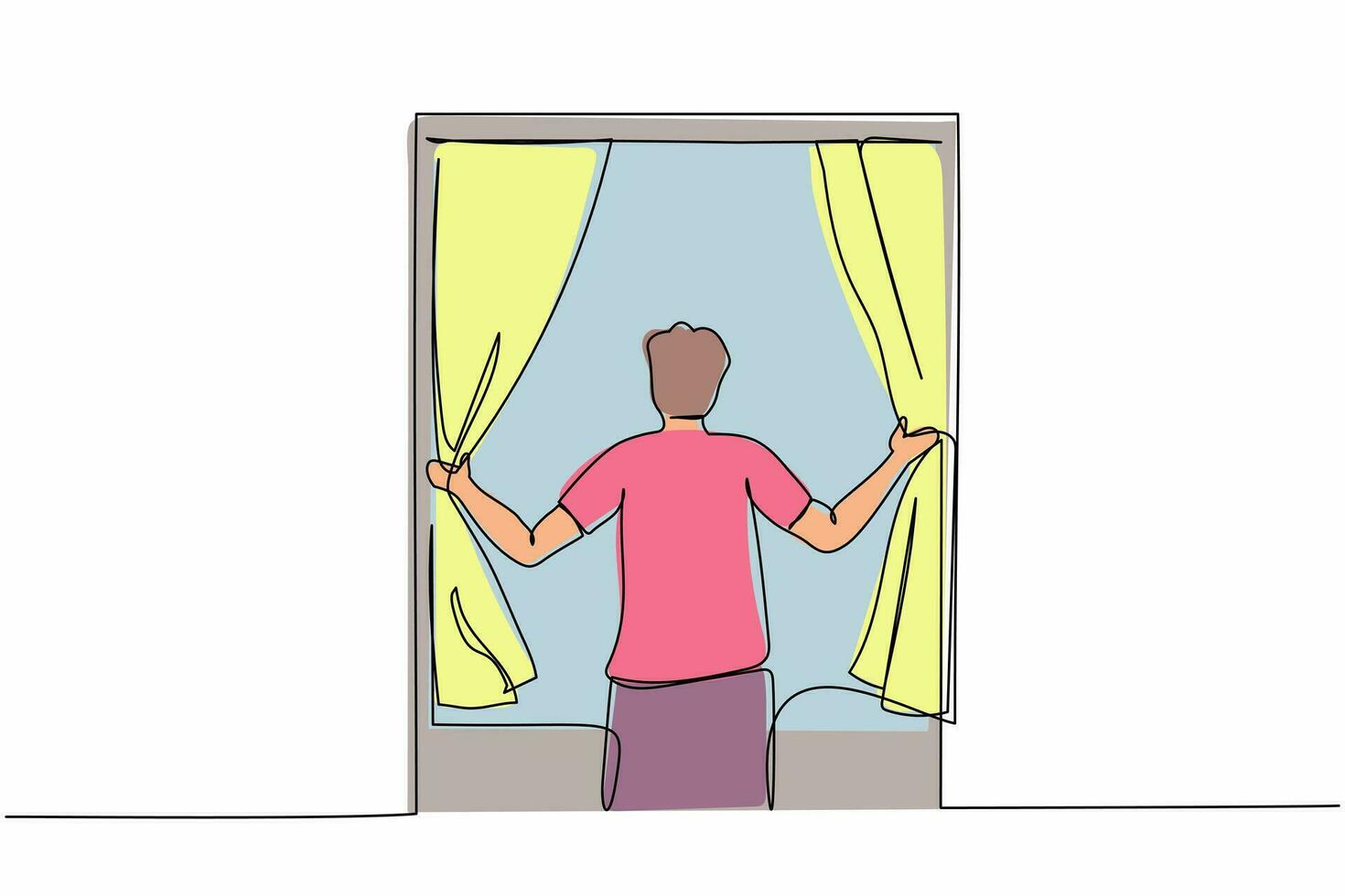 single een lijn tekening gelukkig Mens opening venster gordijnen. wakker worden omhoog en Open gordijnen in ochtend- naar krijgen vers lucht. jong mannetje staand Bij venster. doorlopend lijn trek ontwerp grafisch vector illustratie