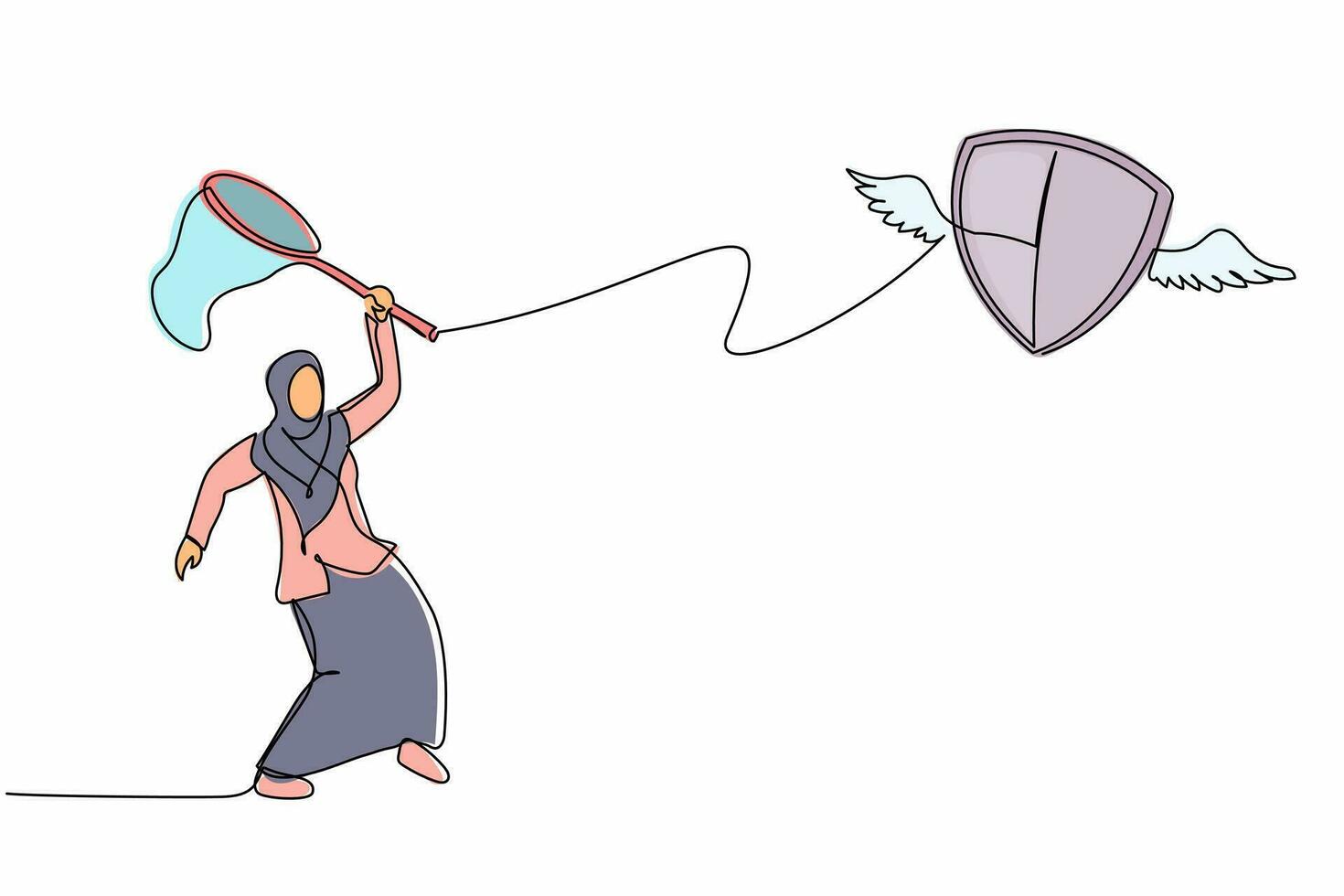 single een lijn tekening Arabisch zakenvrouw proberen naar vangst vliegend schild met vlinder netto. verlies van lichaam bescherming ten gevolge naar niet wezen gevaccineerd. doorlopend lijn trek ontwerp grafisch vector illustratie