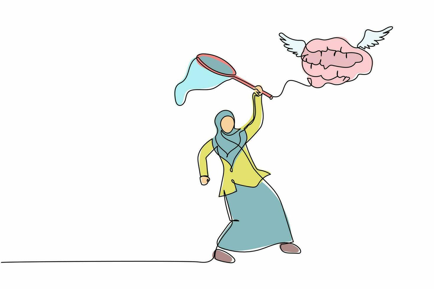 single een lijn tekening Arabisch zakenvrouw proberen naar vangen vliegend hersenen met vlinder netto. verliezende briljant geest of creatief denken concept. doorlopend lijn trek ontwerp grafisch vector illustratie