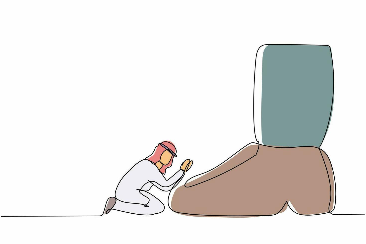 doorlopend een lijn tekening mislukt Arabisch zakenman geknield een reusachtig voet of schoen. kantoor arbeider verontschuldigen naar baas. minimalistische metafoor concept. single lijn trek ontwerp vector grafisch illustratie