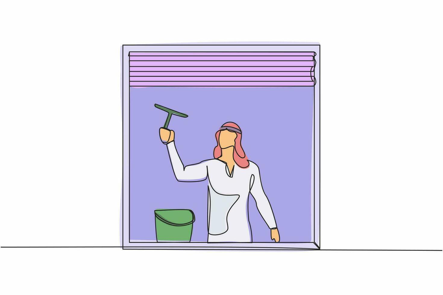 doorlopend een lijn tekening Arabisch Mens schoonmaak ramen met glas schoonmaakster hulpmiddelen. het wassen ramen met emmer, wasmiddel, nat vod. huiswerk. huiselijk werk. single lijn trek ontwerp vector illustratie