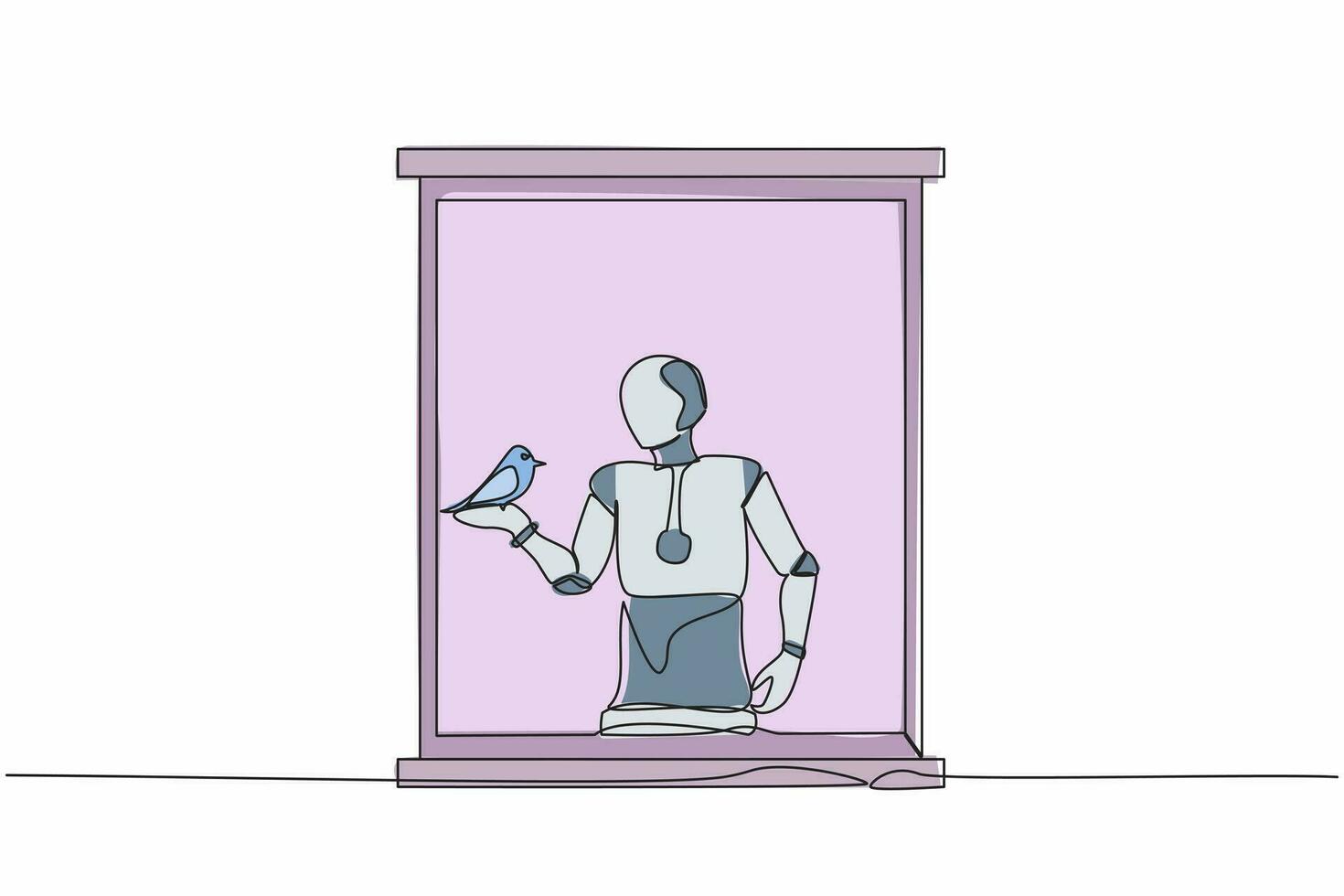 single een lijn tekening robot met vogel huisdier Aan zijn hand. Open venster, op zoek voor vers lucht. robot kunstmatig intelligentie. elektronisch technologie industrie. doorlopend lijn ontwerp vector illustratie