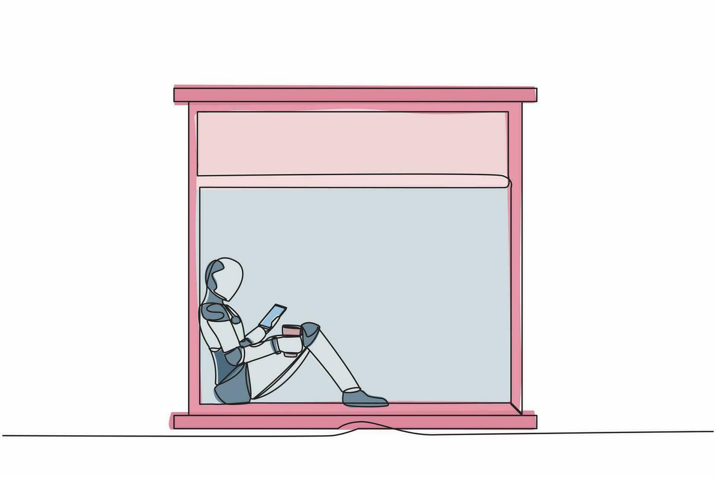 single doorlopend lijn tekening robot zittend Aan vensterbank met smartphone en koffie. comfortabel kom tot rust tijd met heet drankje. toekomst technologie ontwikkeling. een lijn grafisch ontwerp vector illustratie