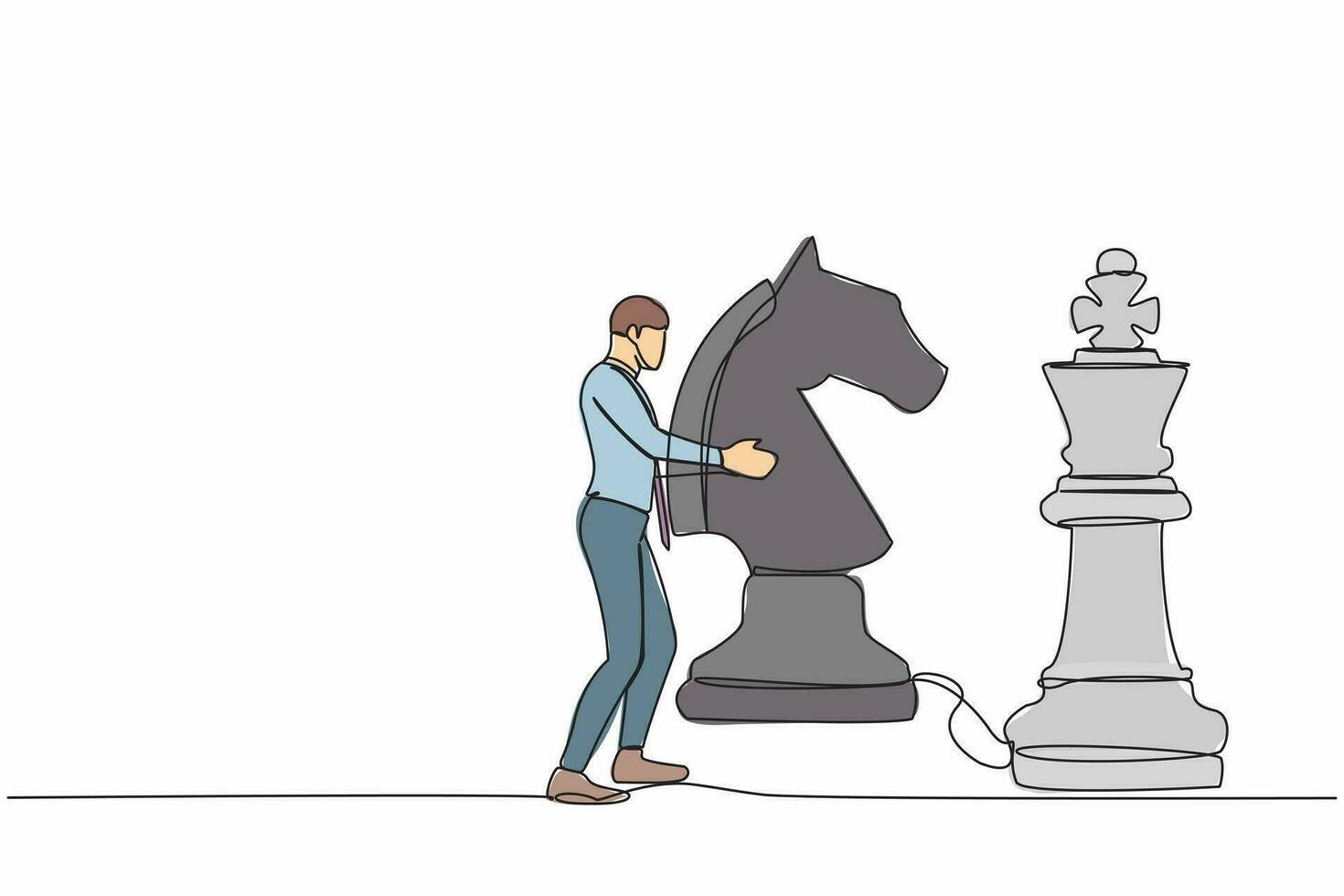 single doorlopend lijn tekening zakenman Holding paard schaak stuk naar ritme koning schaken. strategisch planning, bedrijf ontwikkeling strategie, tactiek in spel. een lijn grafisch ontwerp vector illustratie