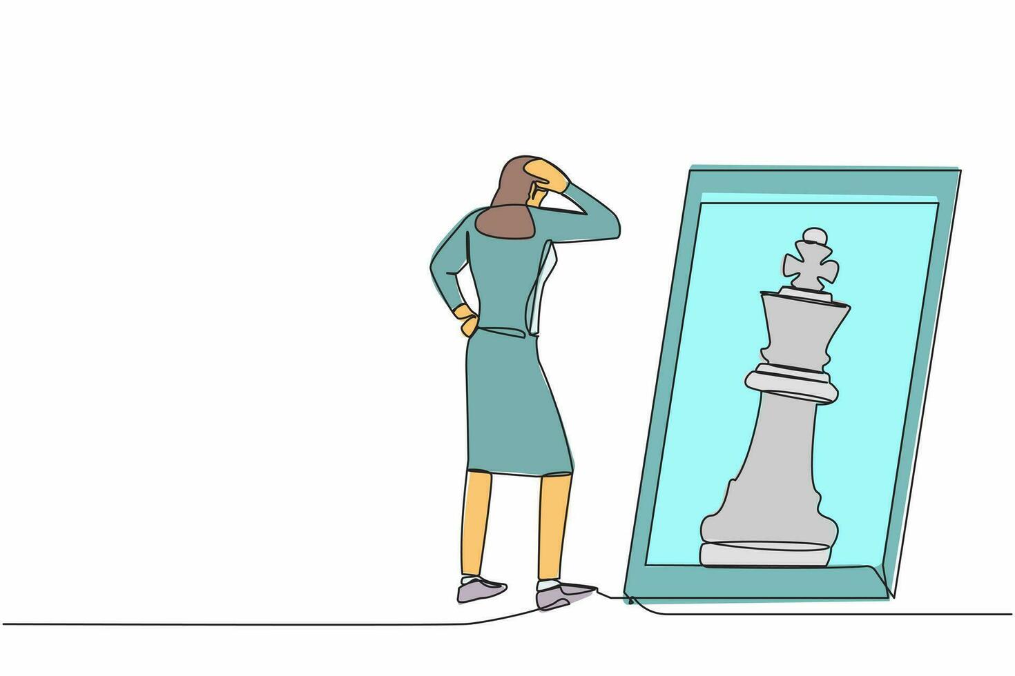 single een lijn tekening jong zakenvrouw staand in voorkant van spiegel, reflecterend schaak koning. metafoor van vertrouwen. succes bedrijf, mogelijkheden. doorlopend lijn ontwerp trek vector illustratie