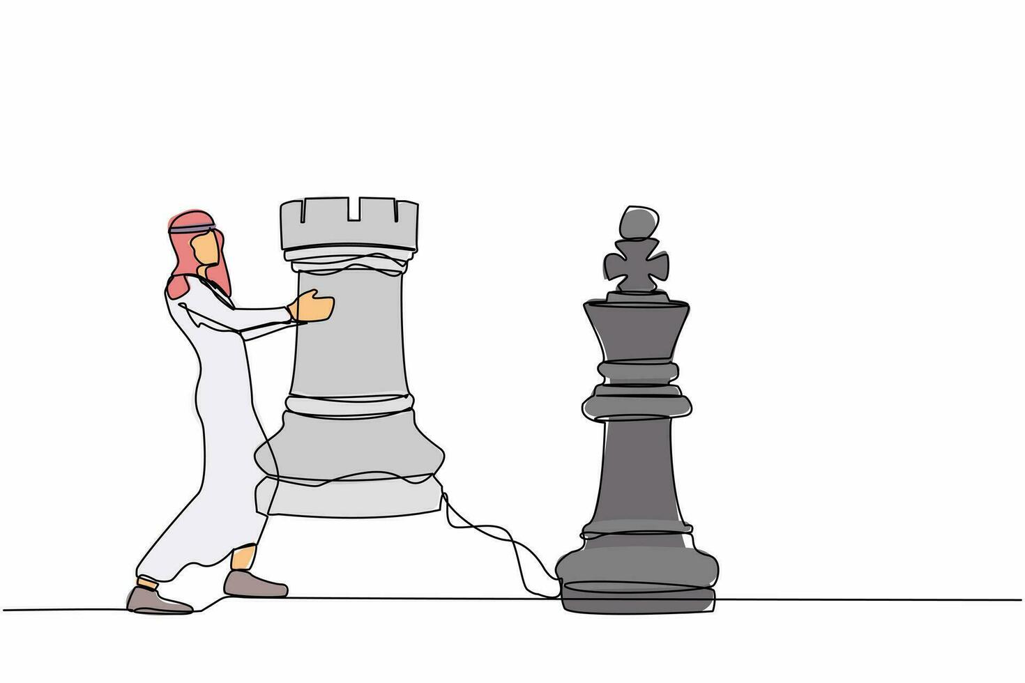 single doorlopend lijn tekening Arabisch zakenman Holding roek schaak deel. strategisch planning, bedrijf ontwikkeling spel strategie, tactiek in ondernemerschap. een lijn trek ontwerp vector illustratie