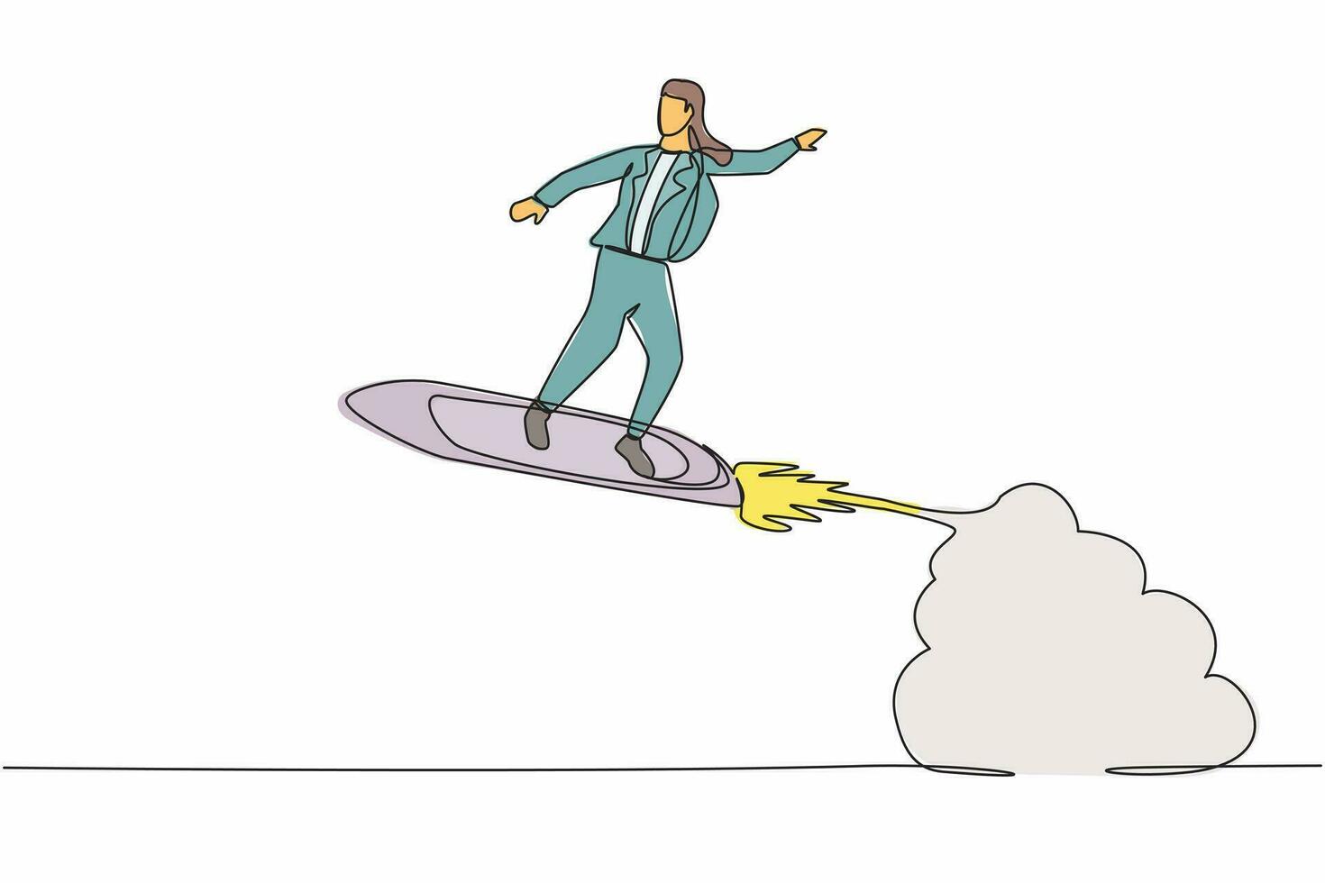 single doorlopend lijn tekening zakenvrouw rijden surfing bord raket vliegend in de lucht. rijk ondernemer. lancering dollar contant geld geld golven project. een lijn grafisch ontwerp vector illustratie