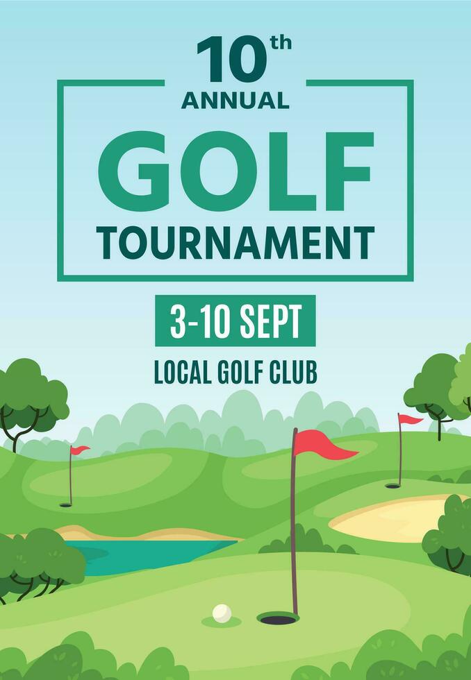 golf poster. groen Cursus, gaten met vlaggenstokken en zand vallen, kampioenschap of toernooi folder, golf club evenement banier vector sjabloon.