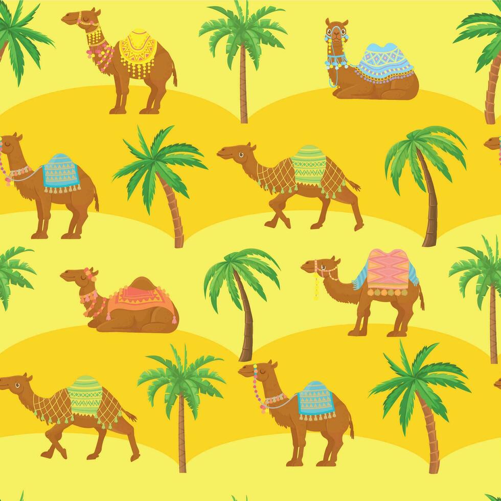 naadloos kameel patroon. schattig tekenfilm kamelen in woestijn tussen zand duinen en palm bomen. egypte tribal vector behang structuur