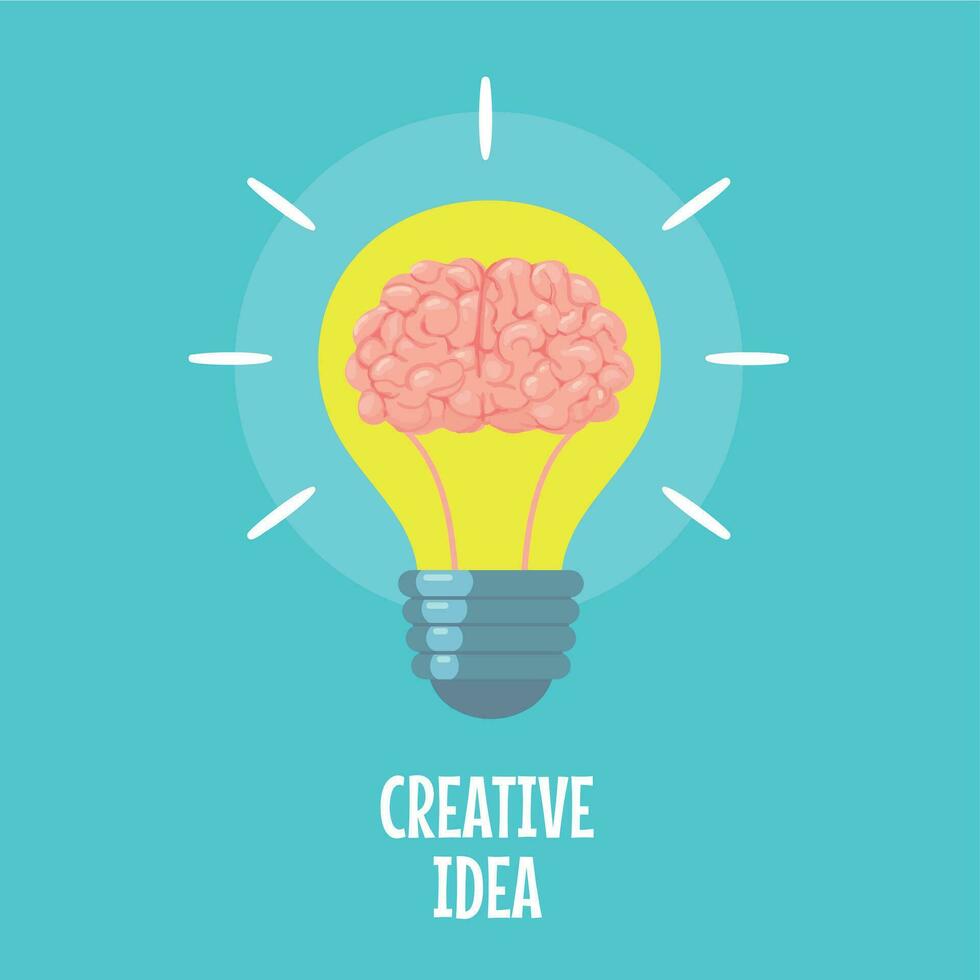 hersenen in licht lamp. creatief idee metafoor, conceptuele strategie. brainstorm, innovatie oplossing icoon, vlak vector concept