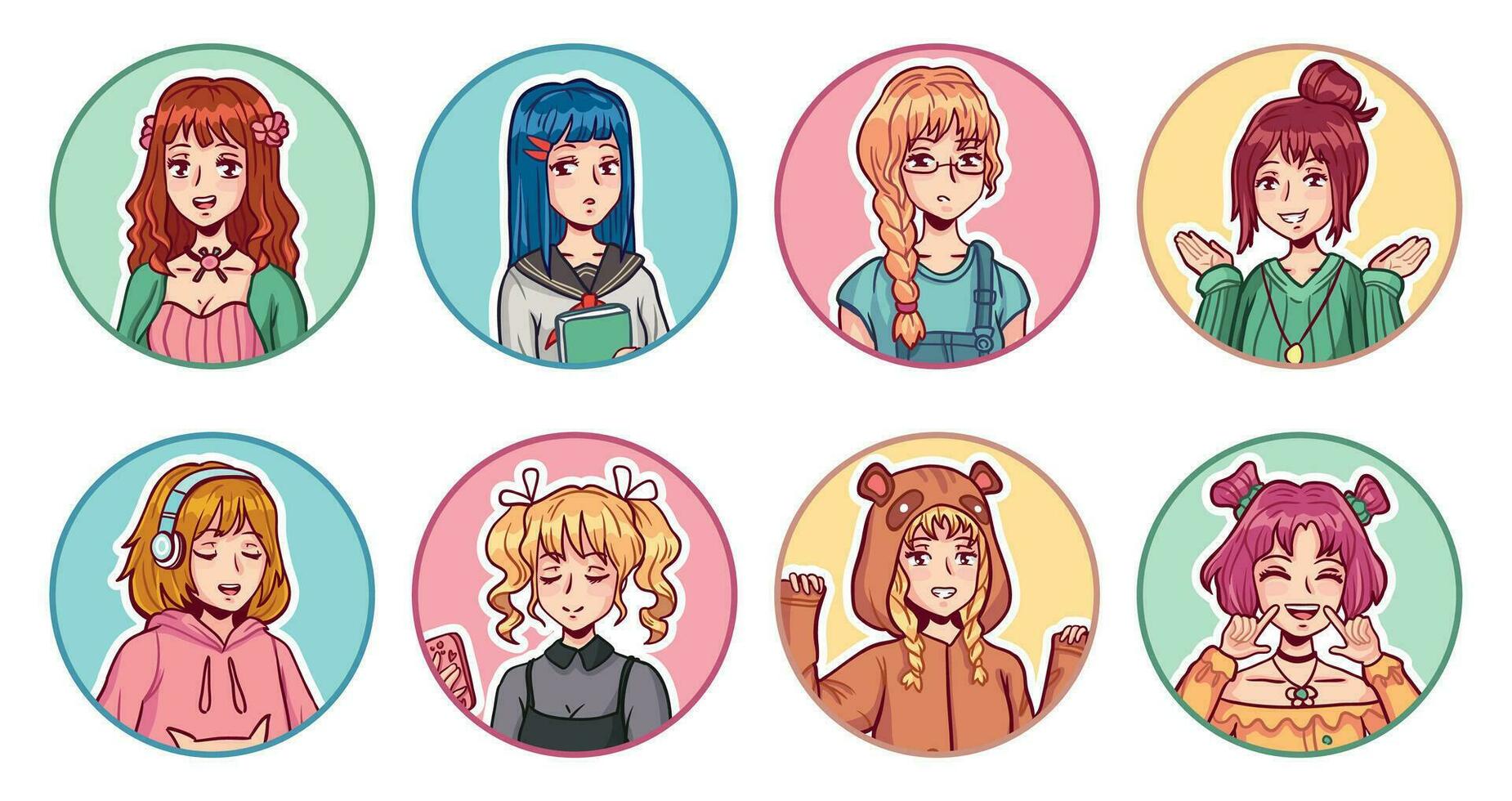 anime meisjes avatars. kleur portretten schattig manga vrouw tieners in divers kleren met verschillend emotioneel uitdrukkingen stickers vector reeks