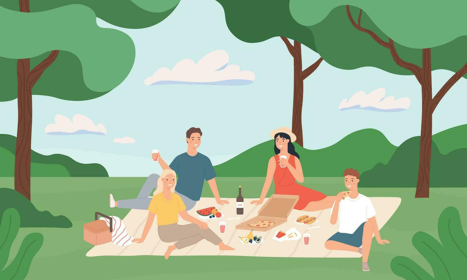 vrienden Bij picknick. gelukkig jong mannen en Dames hebben lunch samen buitenshuis, rust uit naar natuur zomer vakantie tekenfilm vector illustratie