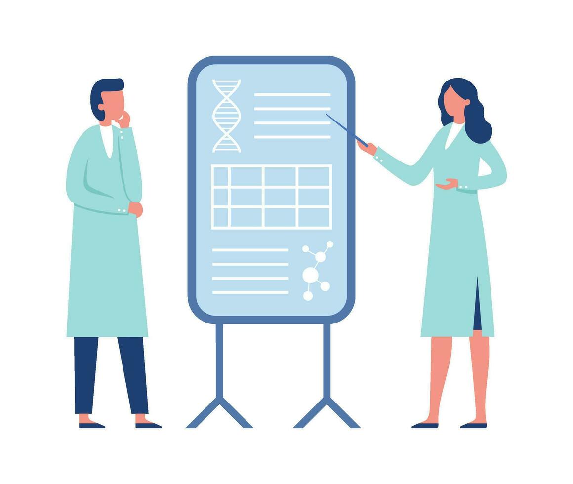 Onderzoek wetenschapper werken samen. vrouw in jas richten naar bord met dna genetisch code, moleculen vector