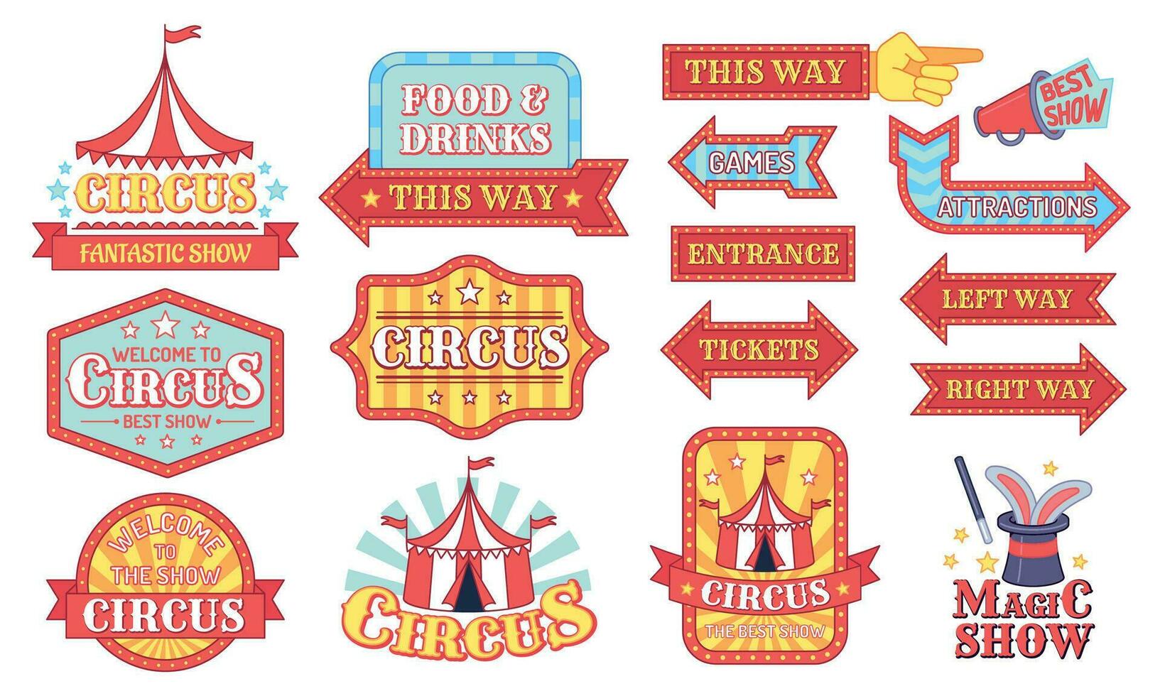 circus etiketten. carnaval en circus tonen uitnodiging insignes, vermaak festival uithangbord met tekst, evenementen wijnoogst label tekenfilm vector reeks