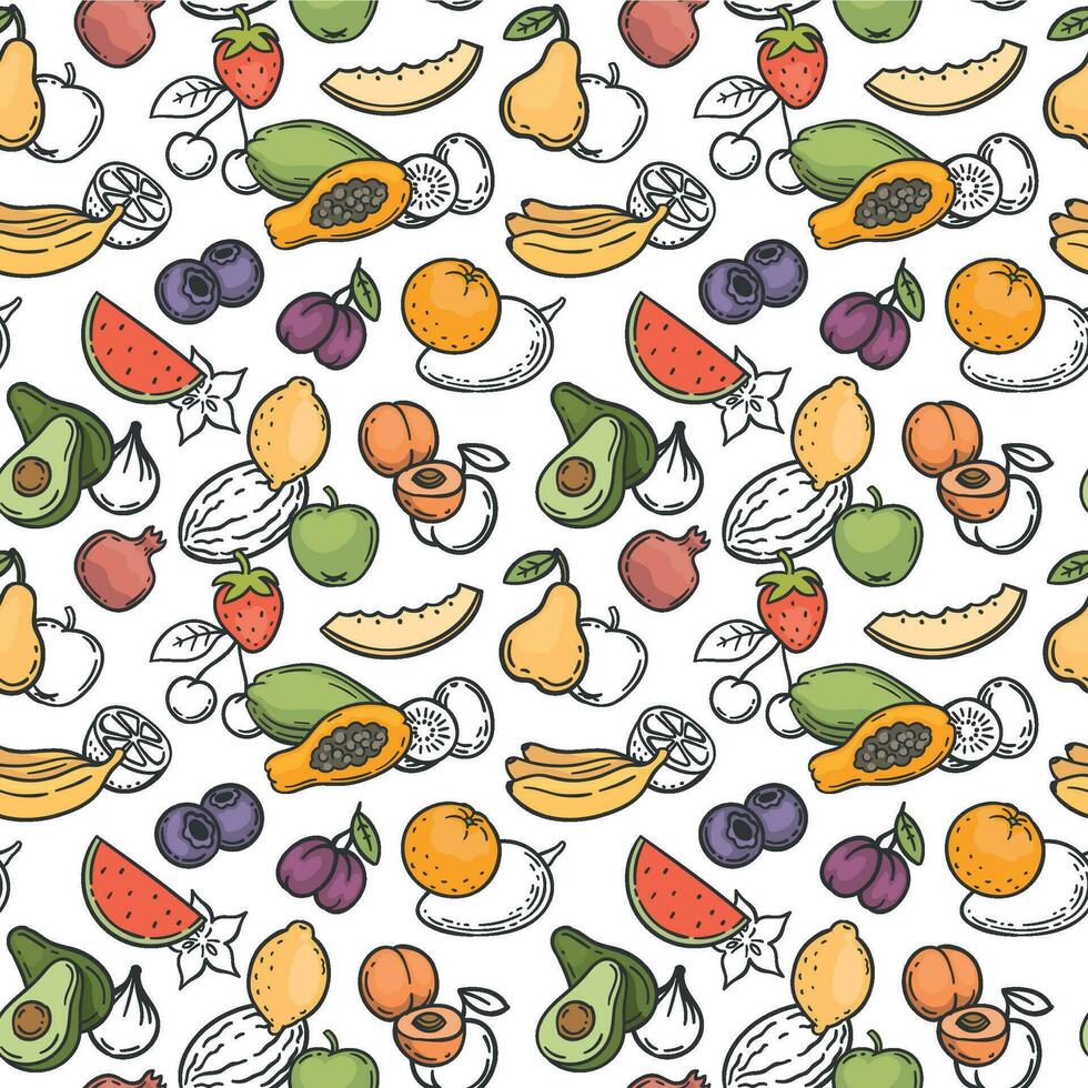 tekening fruit naadloos patroon. hand- getrokken exotisch fruit mango, oranje en citroen, watermeloen, banaan en kiwi behang vector structuur