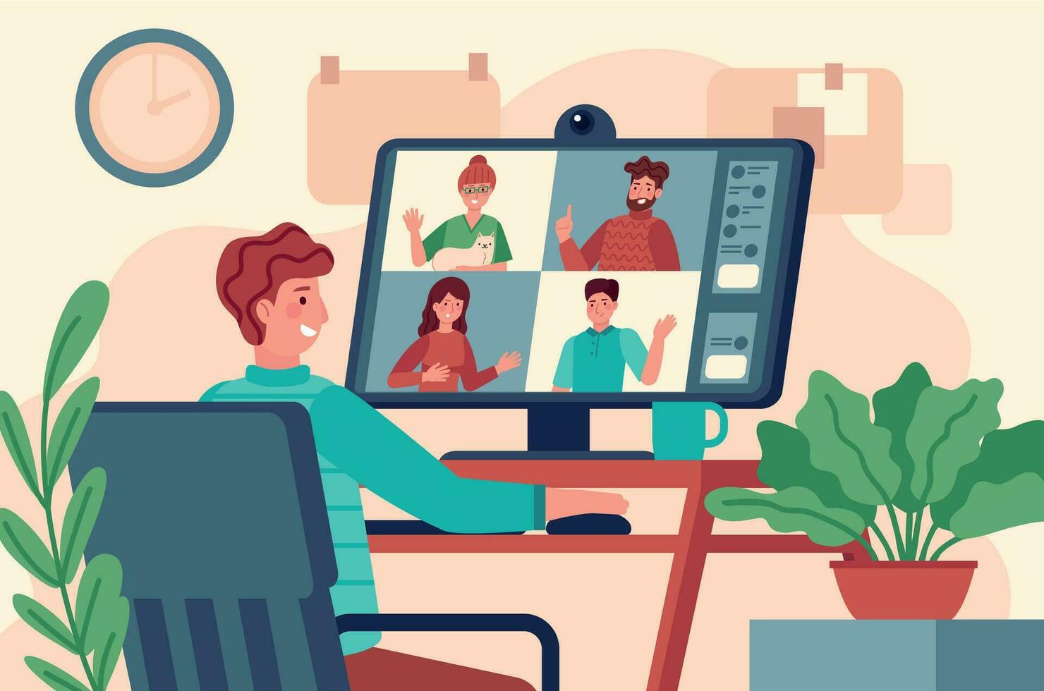 video conferentie. mannen Bij toezicht houden op houdt collectief virtueel ontmoeting, afgelegen werk online chatten, teleconferentie Aan scherm vector concept