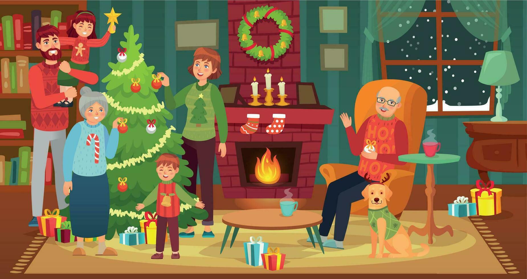 gelukkig familie decoreren Kerstmis boom. vector gelukkig Kerstmis