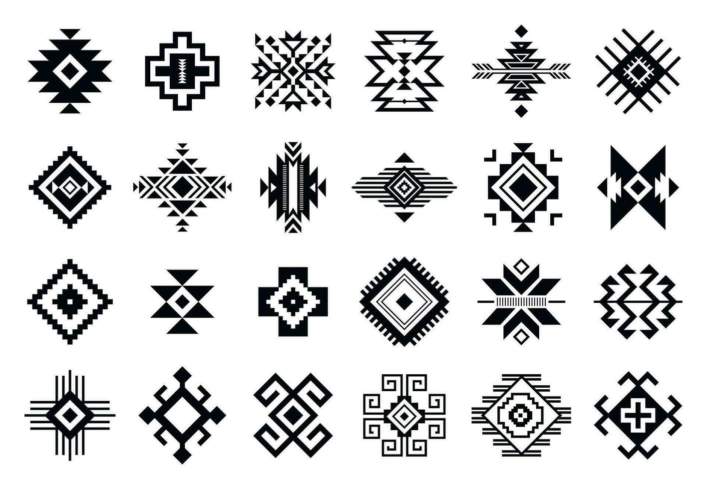 tribal elementen. monochroom meetkundig Amerikaans Indisch patronen, Navajo en azteeks, etnisch ornament voor textiel decoratief ornament vector reeks