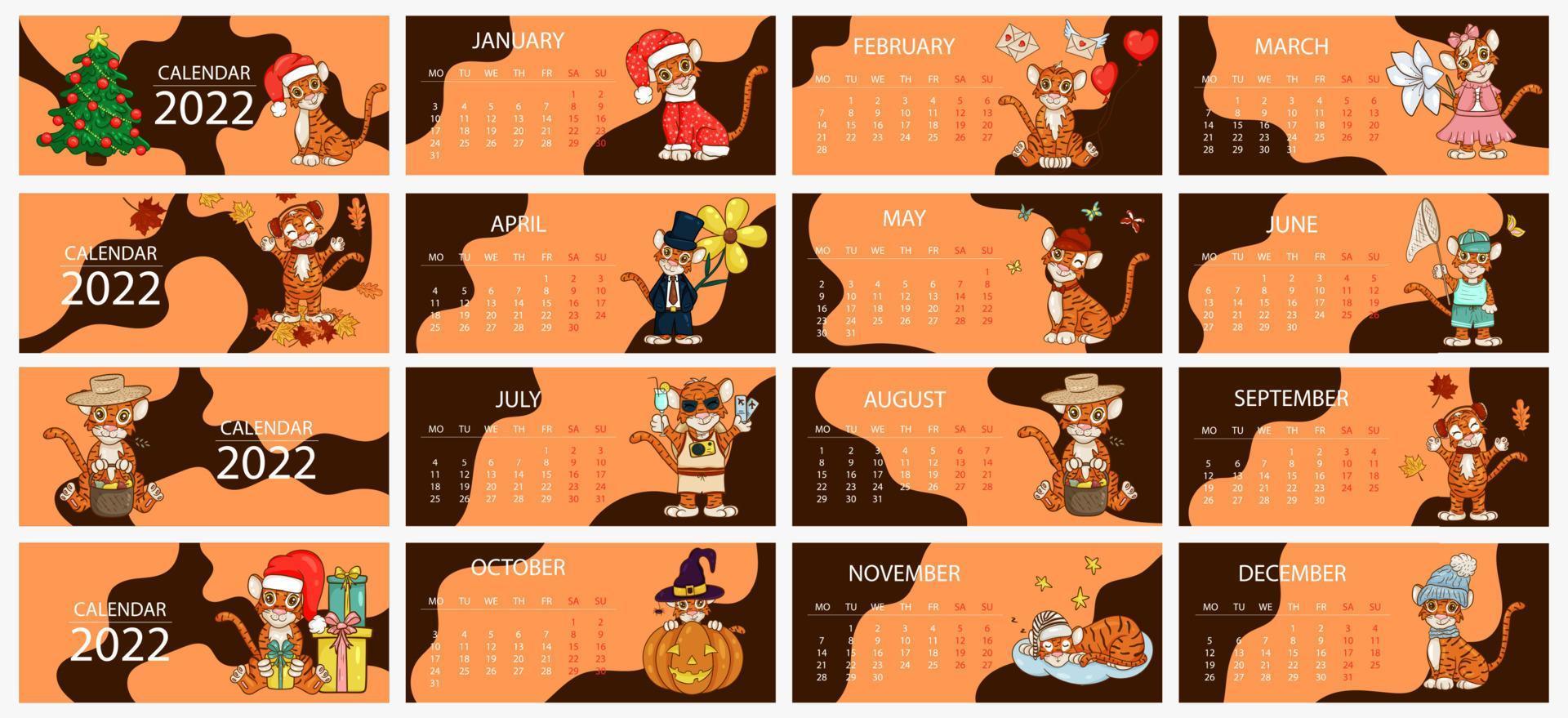 kalenderontwerpsjabloon voor 2022, het jaar van de tijger volgens de chinese of oosterse kalender, met een afbeelding van de tijger, 12 maanden. horizontale tafel met kalender voor 2022. vector