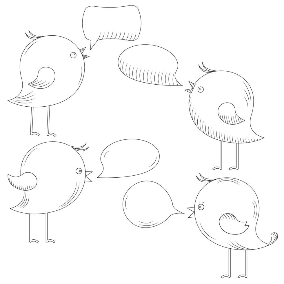 vogels met dialoog tekstballon set, lijntekeningen gravure vector