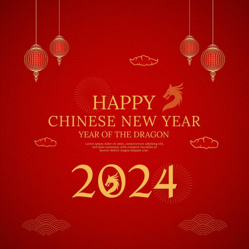 gelukkig Chinese nieuw jaar 2024 jaar van de draak rood achtergrond ontwerp met Chinese lantaarn en patroon vector
