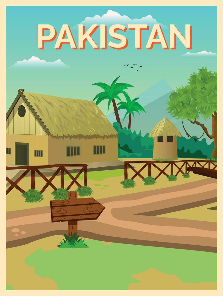 vector illustratie van platteland Pakistan dorp tekenfilm achtergrond poster, kaart, sjabloon van groen weiden en omringd door bomen en bergen