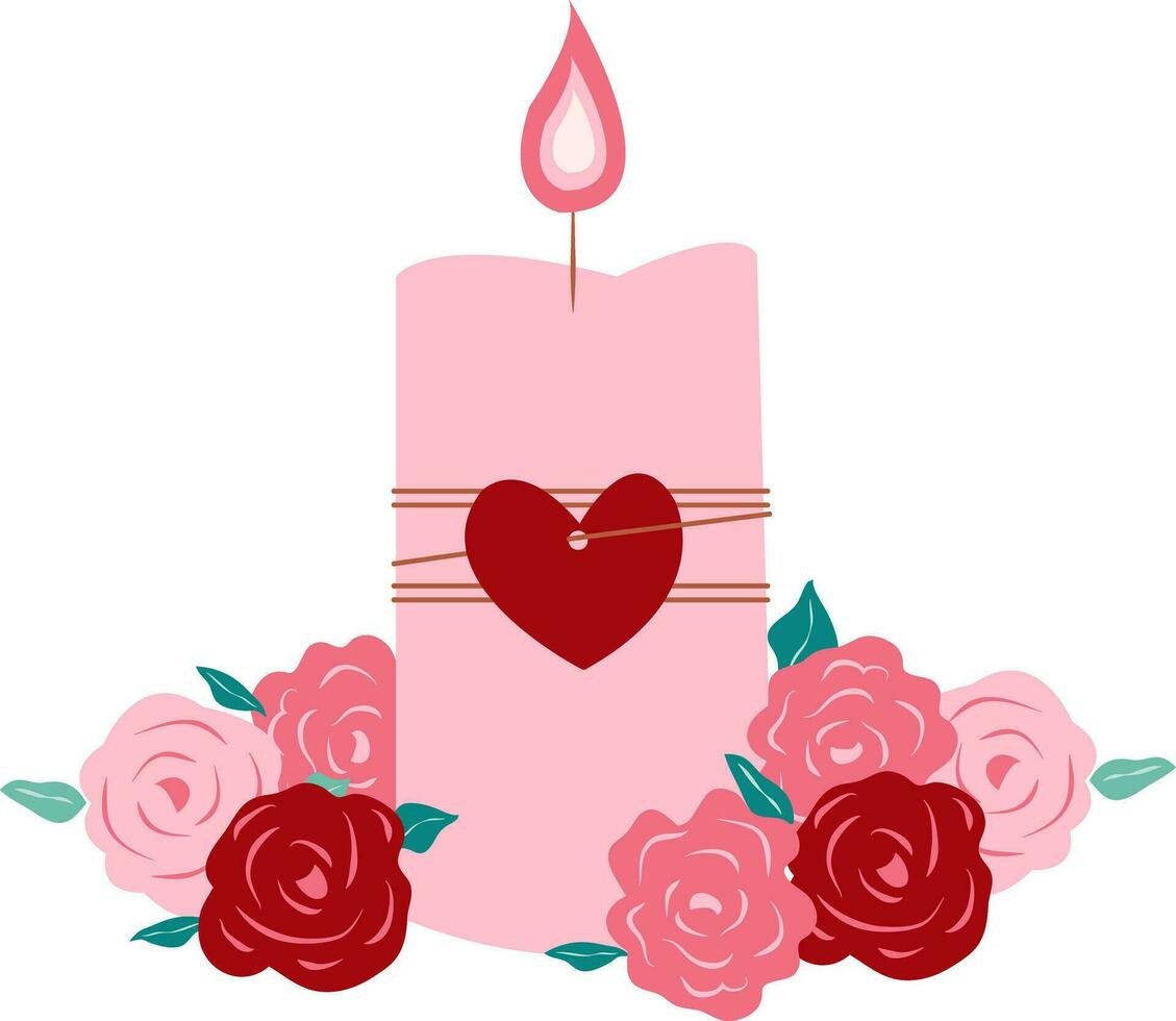 roze kaars en hart met rozen boeket vector illustratie