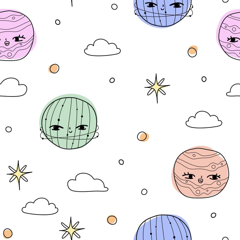 schattig patroon met planeten wolken sterren in de ruimte. Witboek voor scrapbooking doodle kosmos. vector