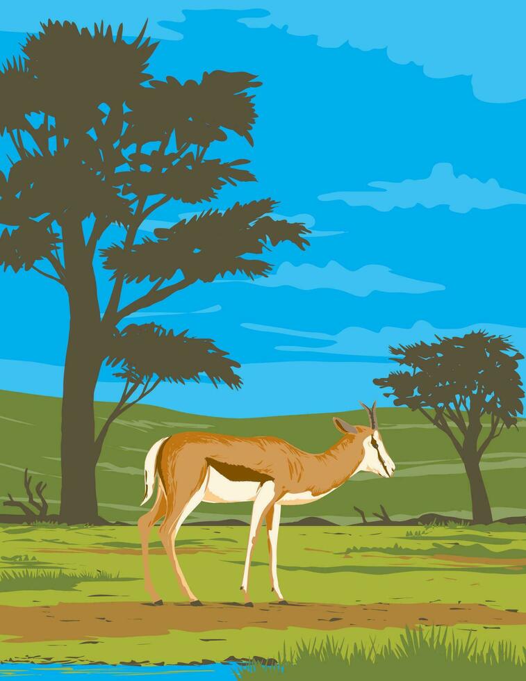 springbok in kgalagadi grensoverschrijdend park zuiden Afrika kunst deco wpa poster kunst vector