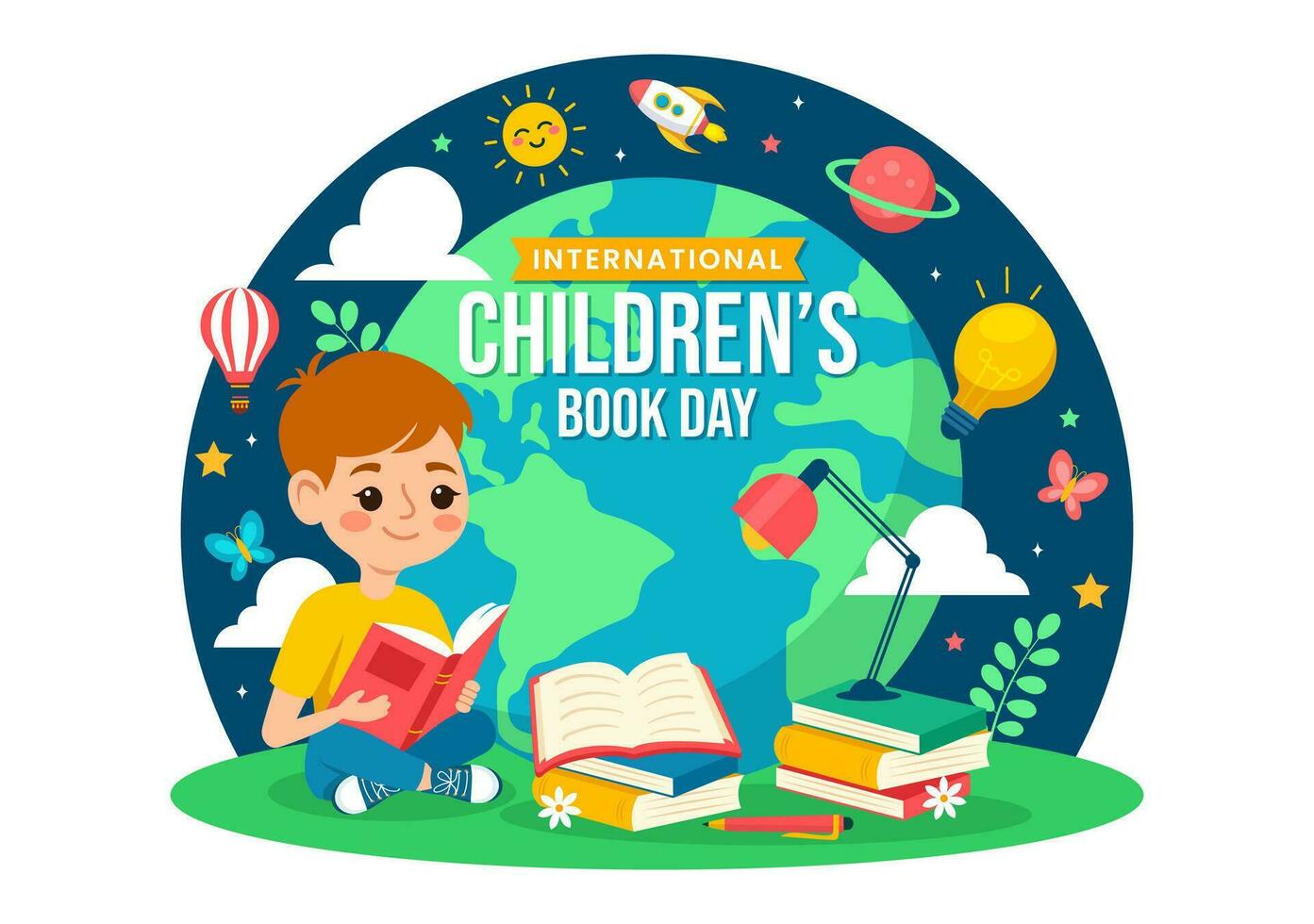 Internationale kinderen boek dag vector illustratie Aan 2 april met kinderen lezing een boeken en wereldbol kaart in vlak tekenfilm achtergrond ontwerp