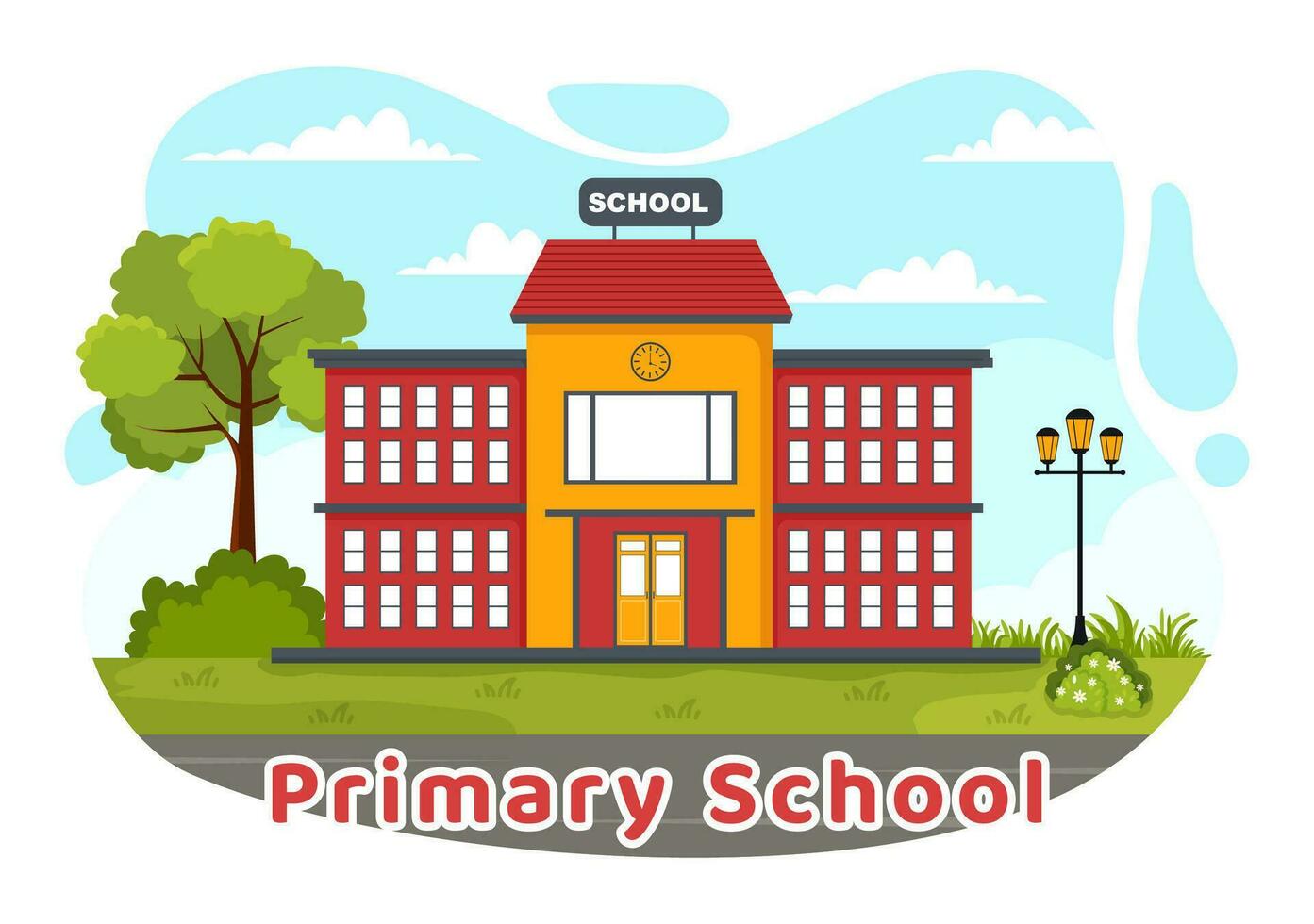 primair school- vector illustratie van studenten kinderen en school- gebouw met de concept van aan het leren en kennis in vlak tekenfilm achtergrond