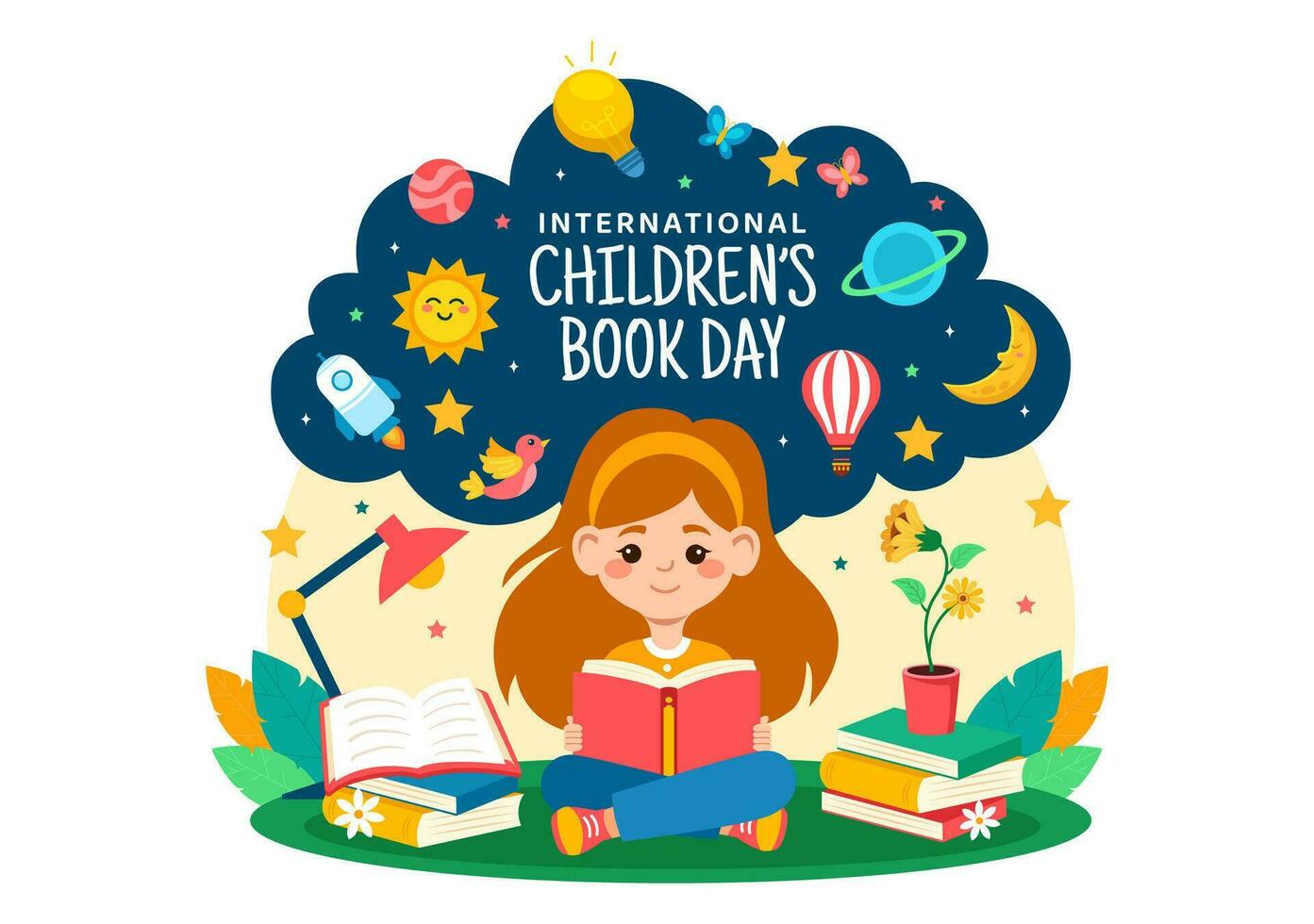 Internationale kinderen boek dag vector illustratie Aan 2 april met kinderen lezing een boeken en wereldbol kaart in vlak tekenfilm achtergrond ontwerp