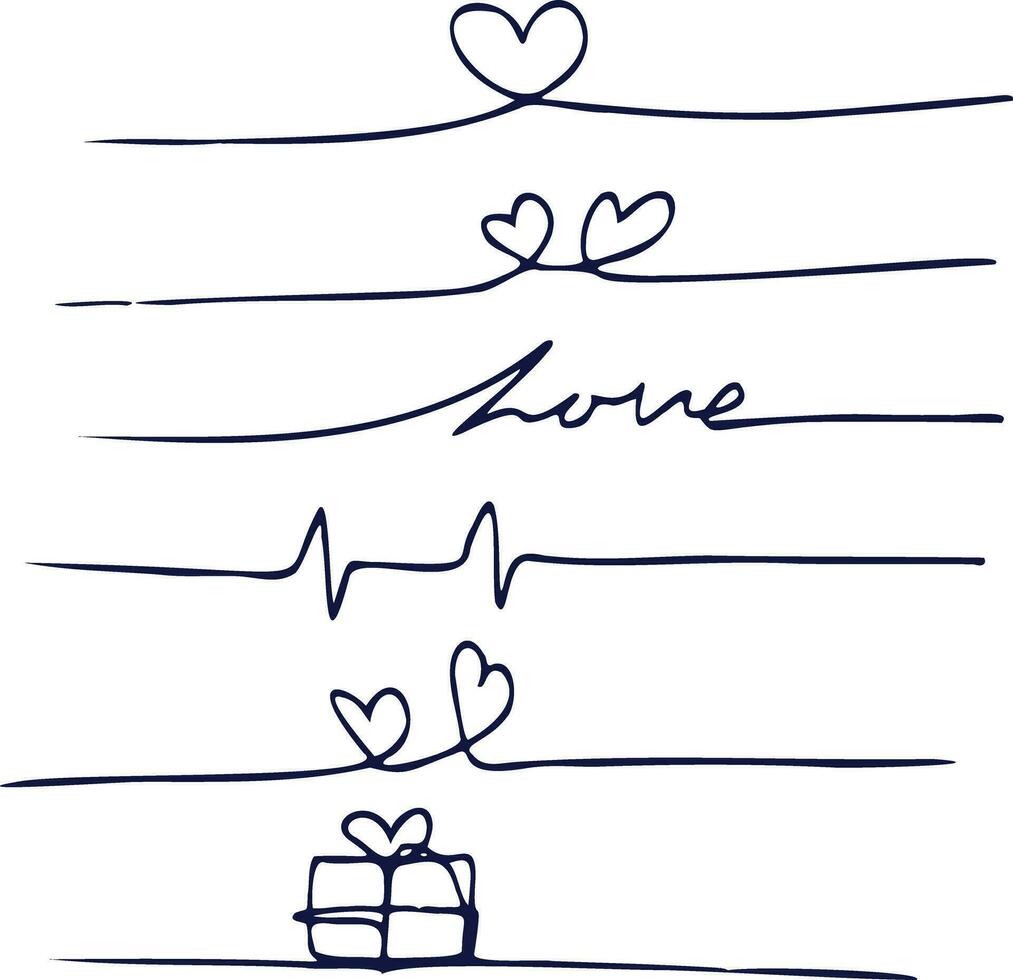 hart lijn verdeler reeks liefde symbool hand- getrokken, doorlopend een lijn tekening hart vorm decoratie, zwart en wit minimalistische illustratie gemaakt van een lijn vector