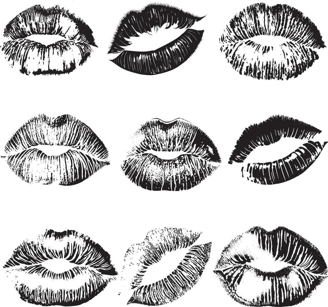 lippenstift kus afdrukken geïsoleerd vector set. rood vector lippen set. verschillend vormen van vrouw sexy roze en rood lippen. sexy lippen verzinnen, kus mond. vrouw mond. afdrukken van lippen kus vector achtergrond.