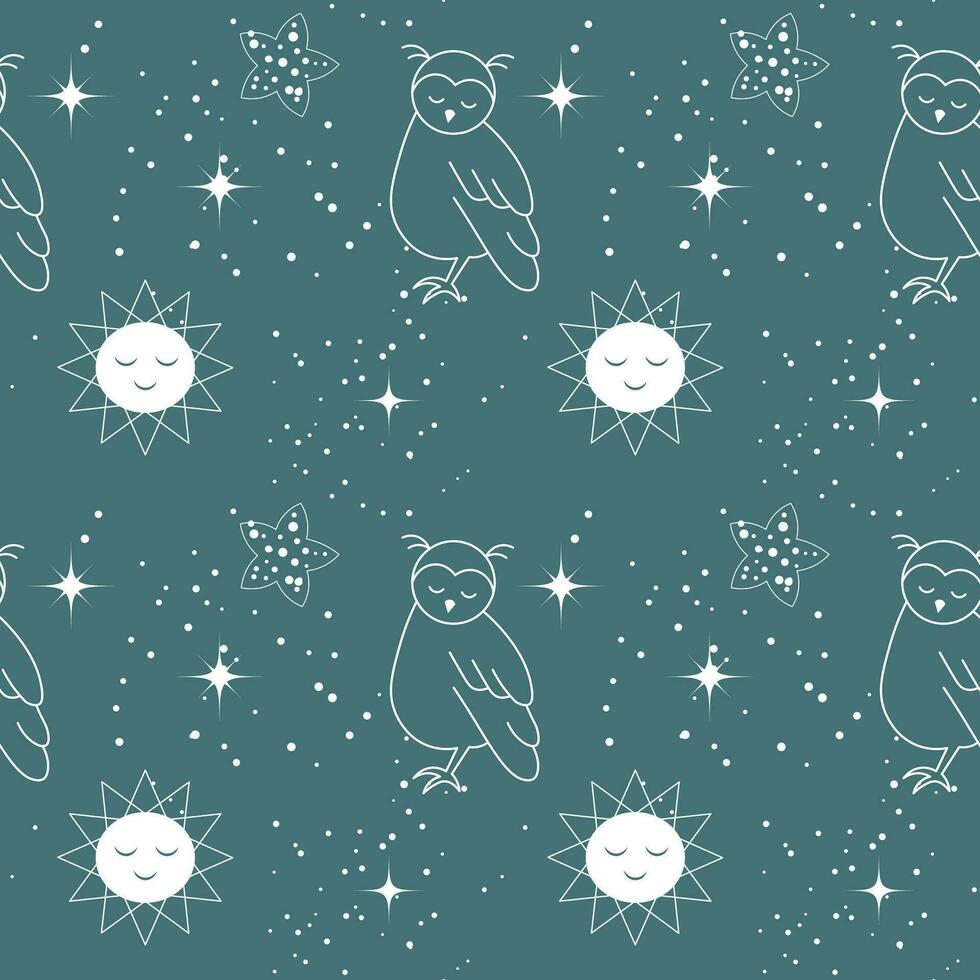 naadloos patroon, maan, uilen, sterren en sterrenbeelden Aan een achtergrond van de nacht lucht. ruimte achtergrond, textiel, vector