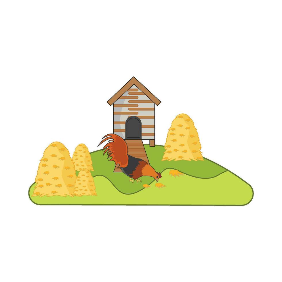 boerderij huis, kip voedsel met haan illustratie vector