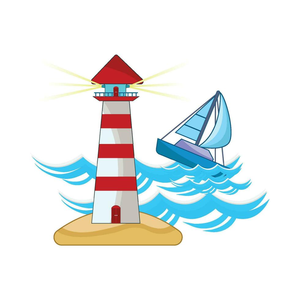 boot in zee met mercusuar in strand illustratie vector